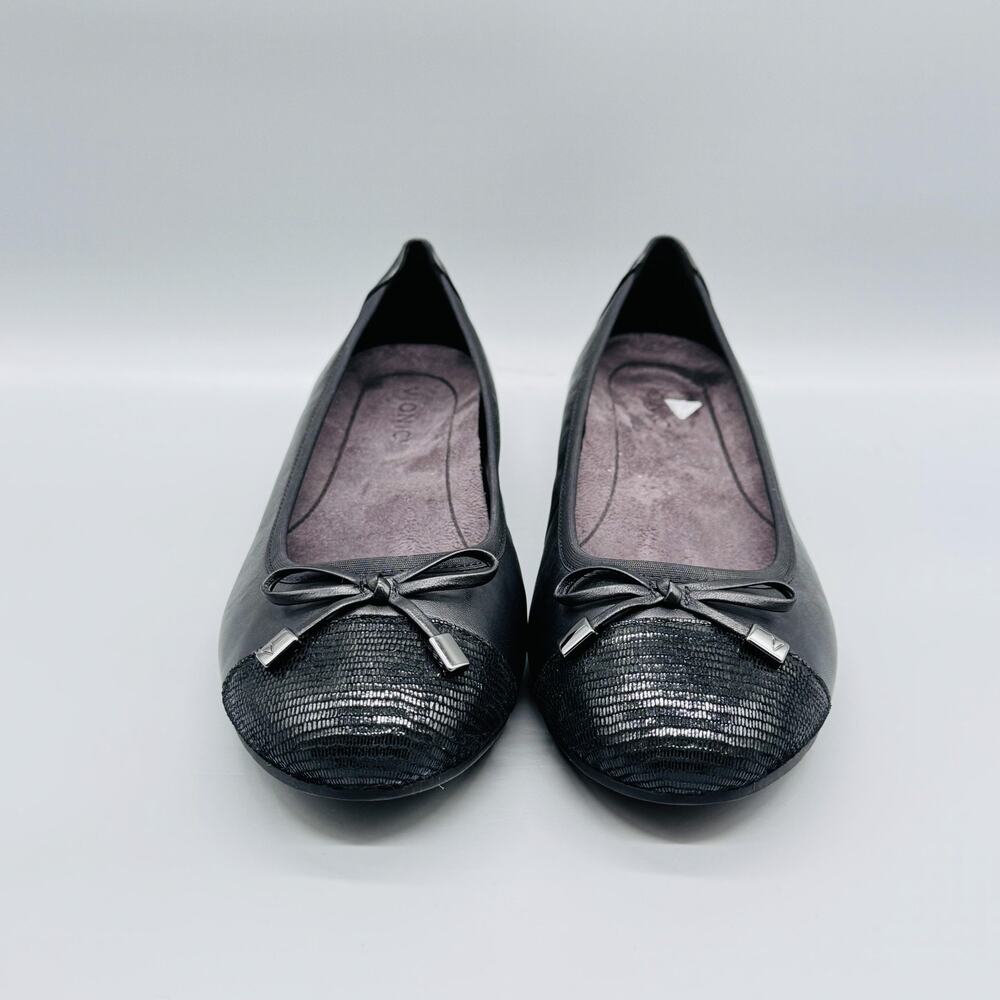 Vionic Shoes Womens 9.5 Black Leather Minna Ballet Flats Bow Cap Toe Comfort - Picture 3 of 13